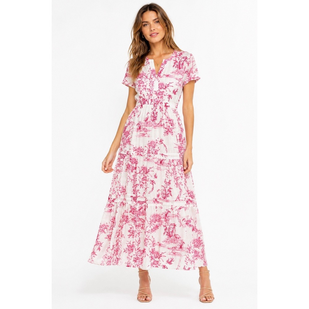 Johnny Was Firebird Pintuck Tiered Maxi Dress S Pink White Toile Floral Boho